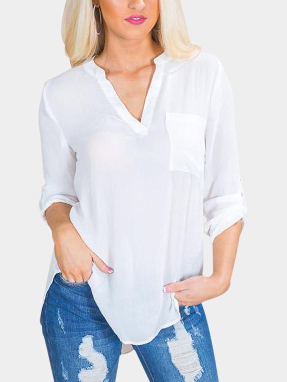 V-Neck Plain Long Sleeve Irregular Curved Hem White T-Shirts
