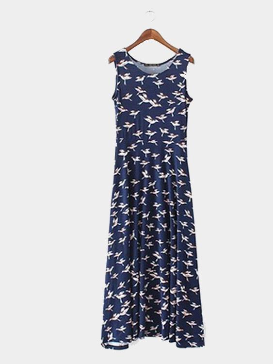 Round Neck Sleeveless Maxi Dress With Bird Pattern All Over
