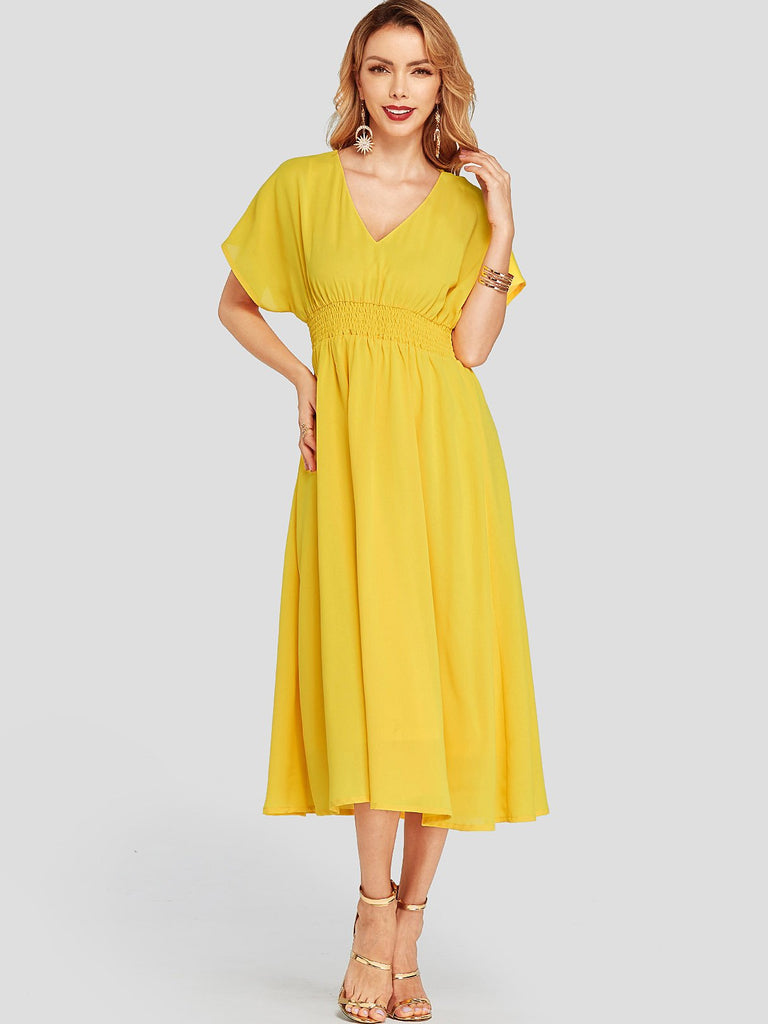 Yellow V-Neck Plain Dresses