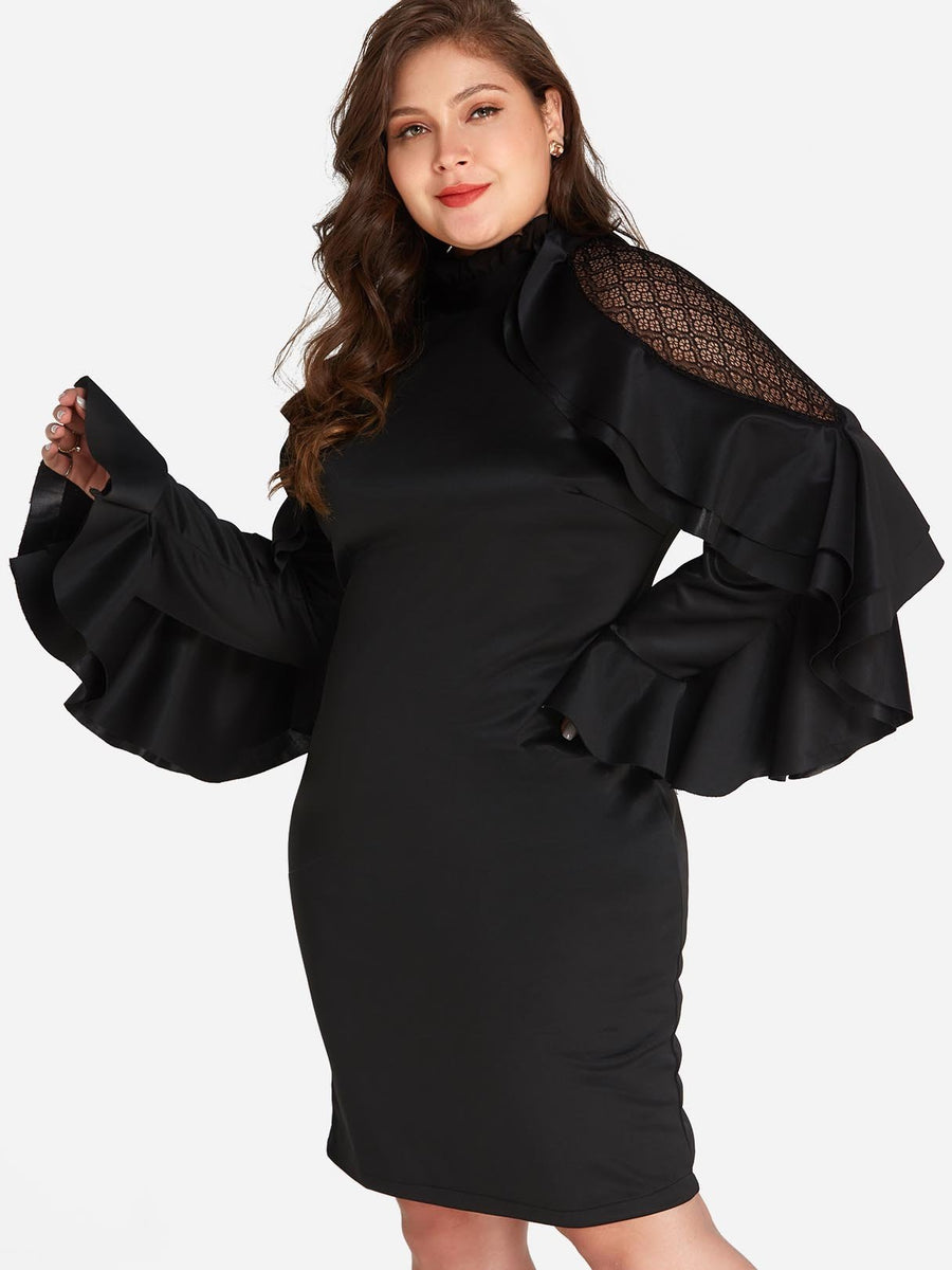 Tiered Long Sleeve Black Plus Size Dress Trendy Plus Size Clothing Kxmas