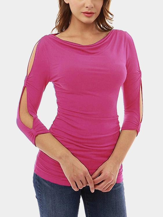 Cold Shoulder 3/4 Length Sleeve Pink T-Shirts