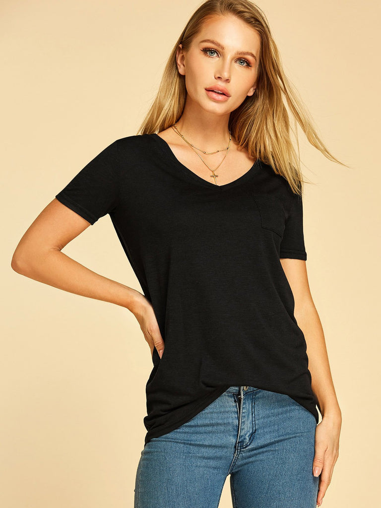 V-Neck Plain Short Sleeve Black T-Shirts