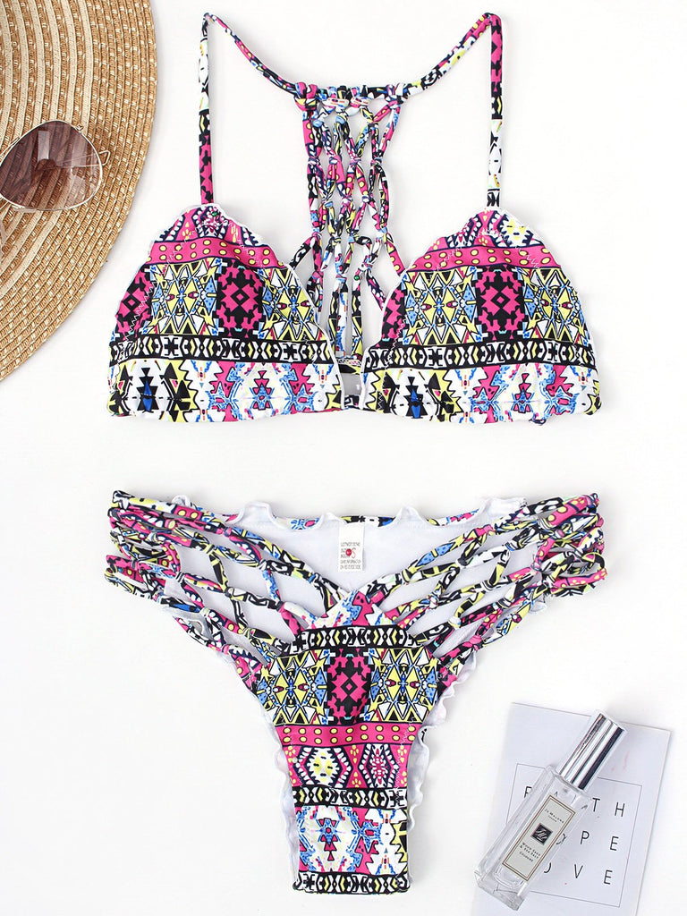 V-Neck Sleeveless Printed Backless Lace-Up Tie-Up Two Piece Bikinis