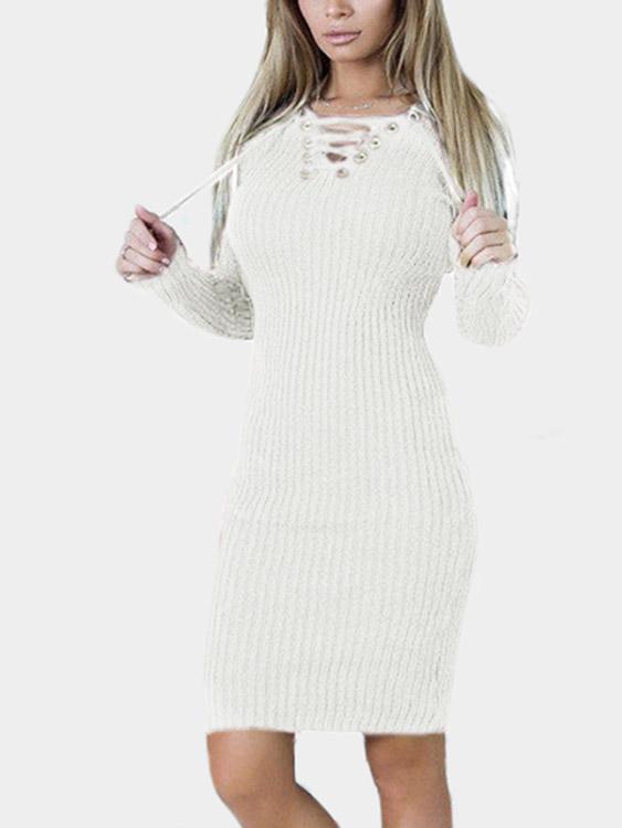 White Long Sleeve Lace-Up Casual Dresses