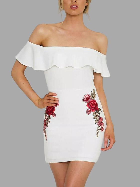 White Off The Shoulder Short Sleeve Embroidered Zip Back Mini Dresses