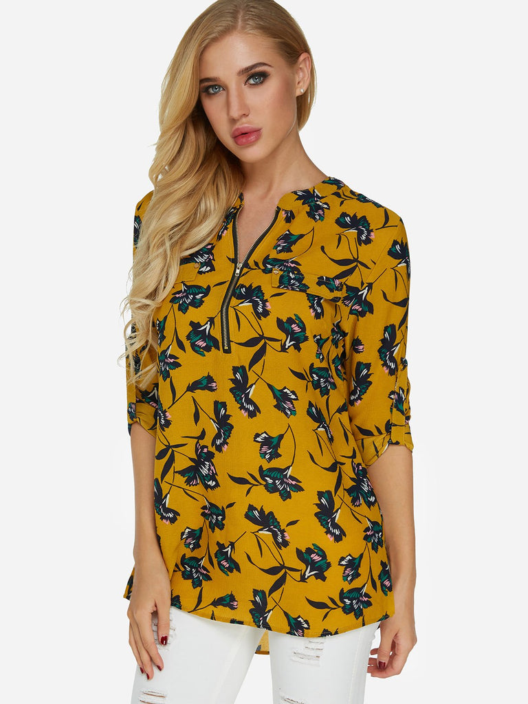 V-Neck Floral Print Zip Back 3/4 Sleeve Yellow Blouses