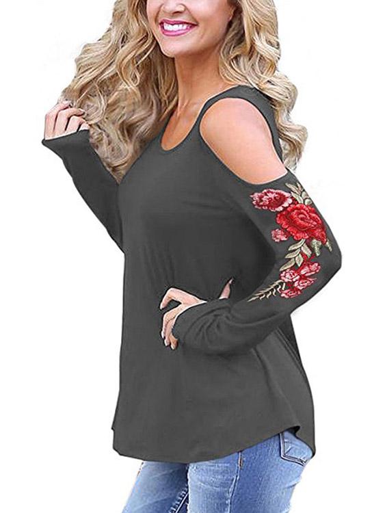 Cold Shoulder Embroidered Long Sleeve Grey T-Shirts