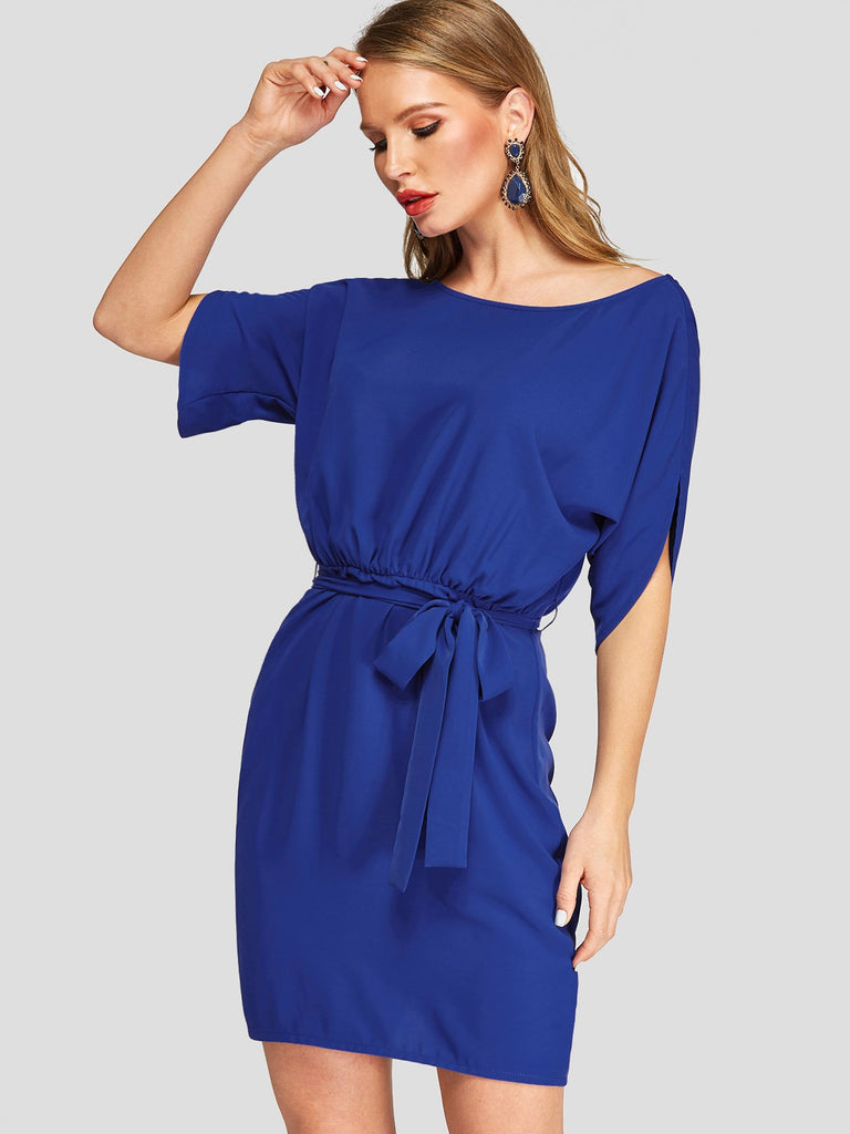 Royal Blue Round Neck Half Sleeve Plain Belt Casual Dress