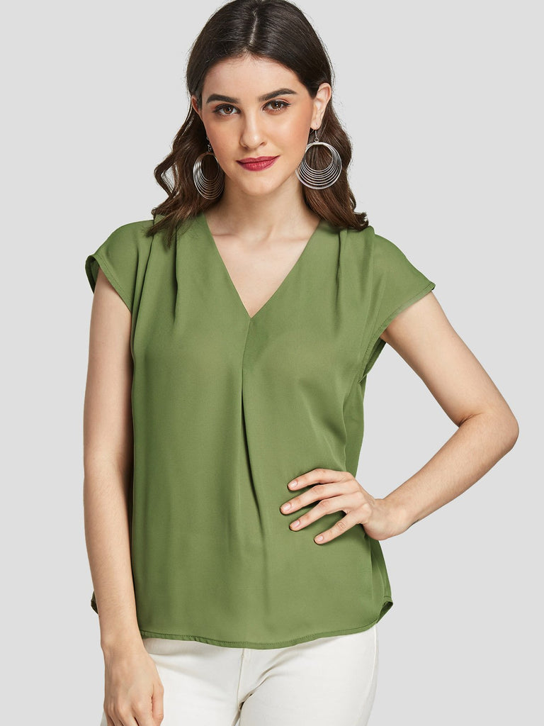 V-Neck Plain Pleated Short Sleeve Green Blouses