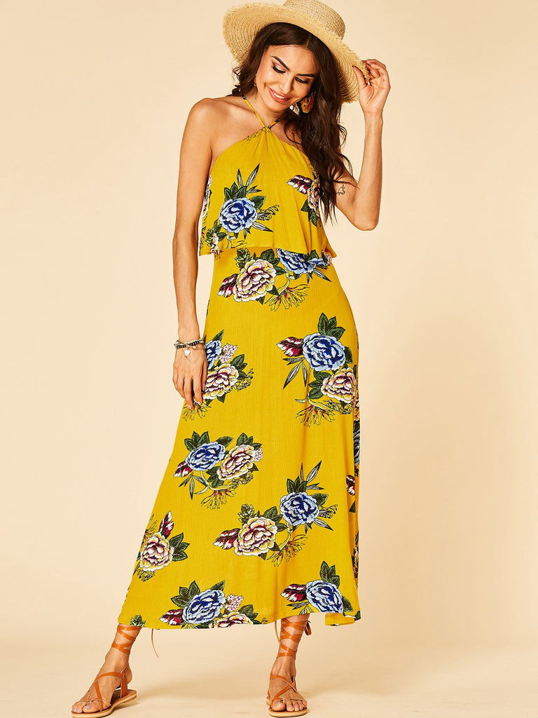 Yellow Halter Sleeveless Floral Print Backless Dresses