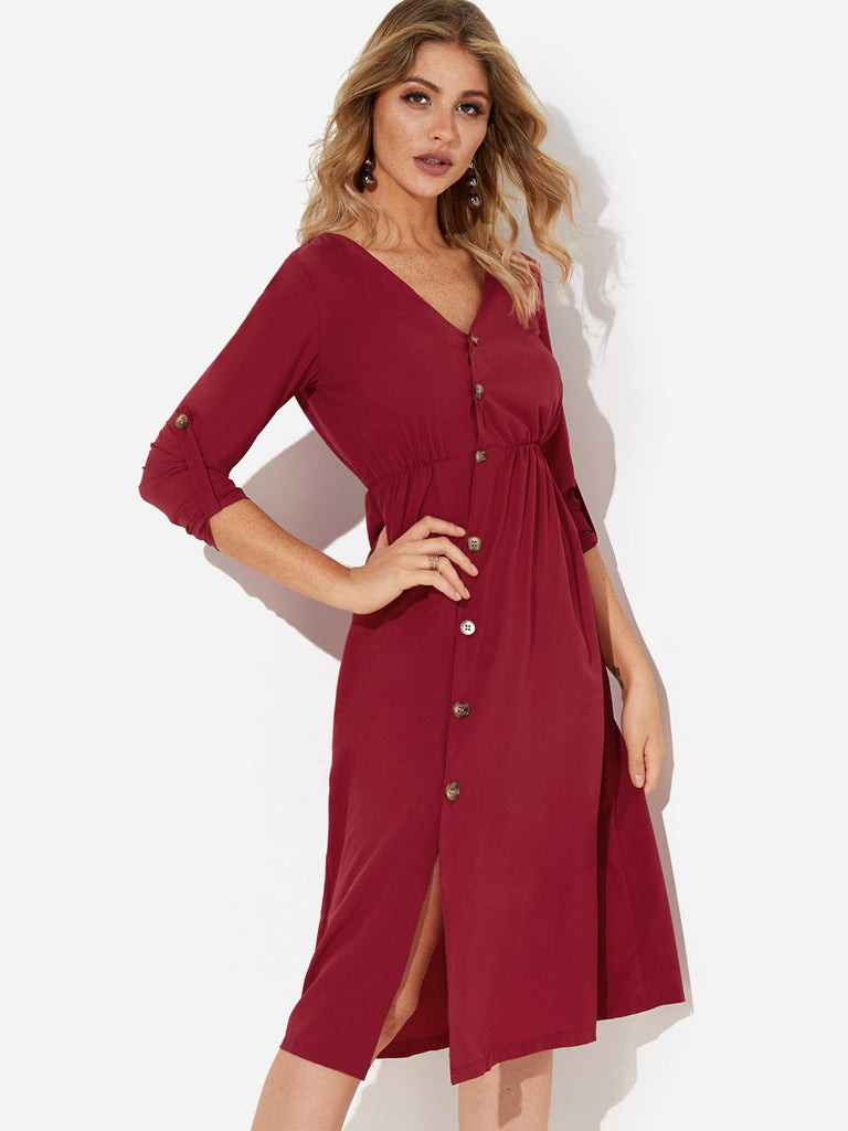 Burgundy V-Neck Long Sleeve Slit Dresses
