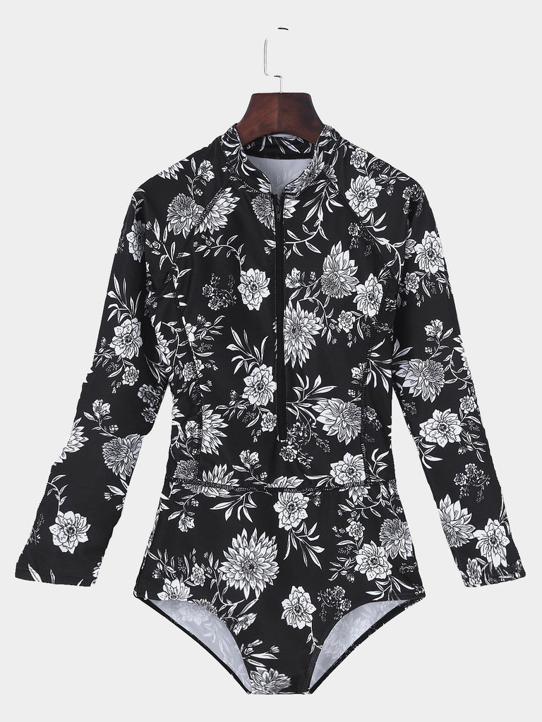Round Neck Long Sleeve Floral Printed One-Pieces Swimsuit