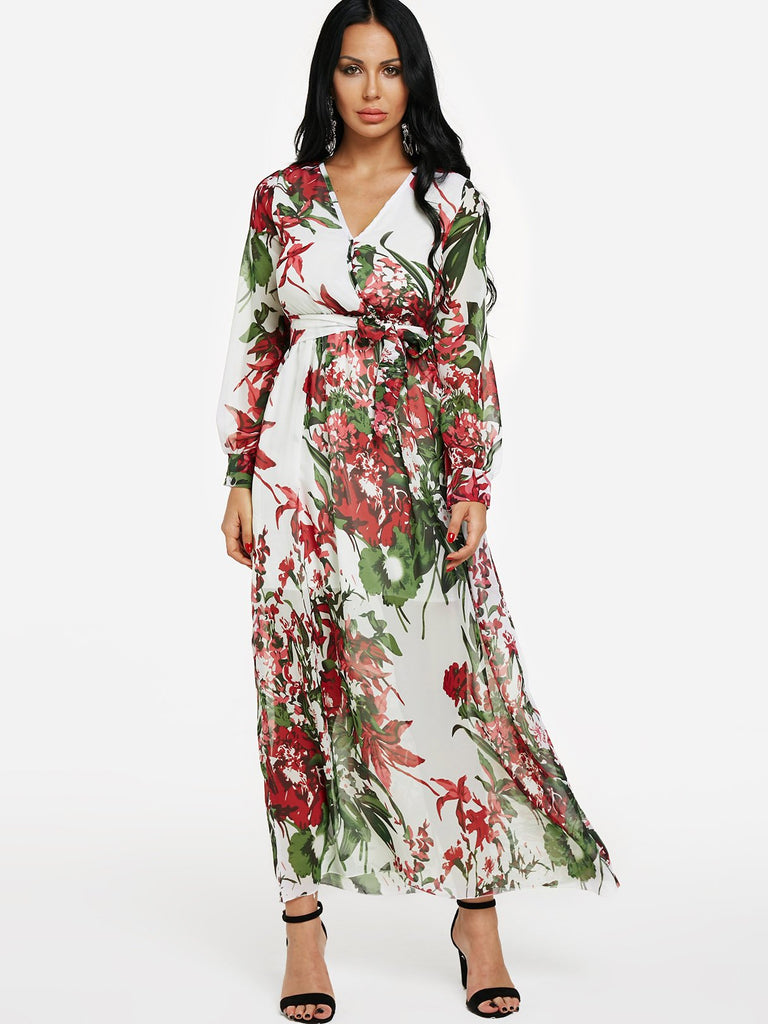V-Neck Long Sleeve Self-Tie Partially Lined Wrap Maxi Dress