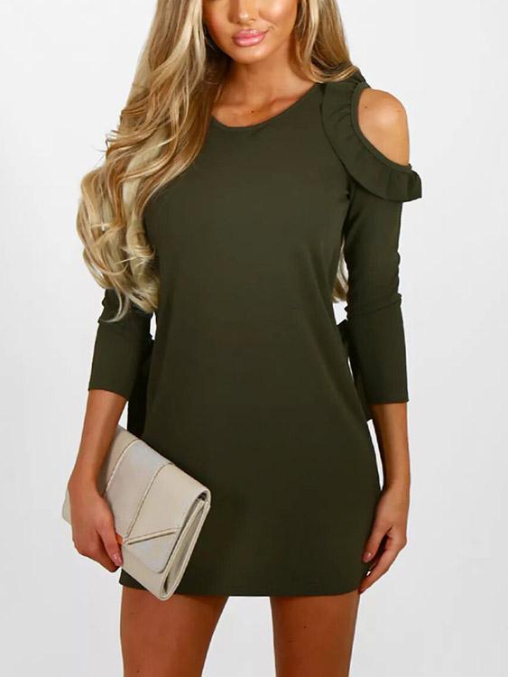 Army Green Round Neck Cold Shoulder 3/4 Length Sleeve Mini Dress