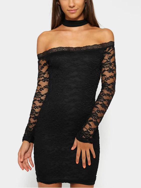 Black Halter Off The Shoulder Long Sleeve Sheer Crochet Lace Embellished Mini Dress