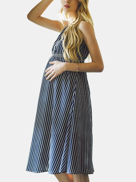 Blue V-Neck Sleeveless Stripe Dress