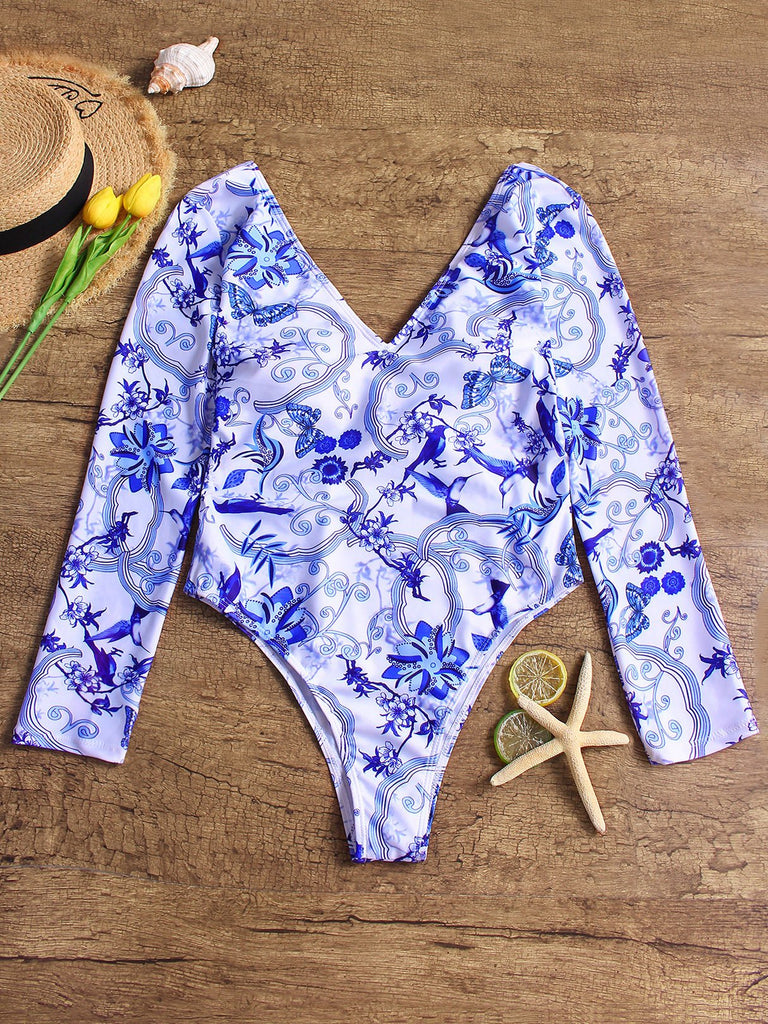 Blue Deep V-Neck Long Sleeve Printed Backless One-Pieces Swimsuits