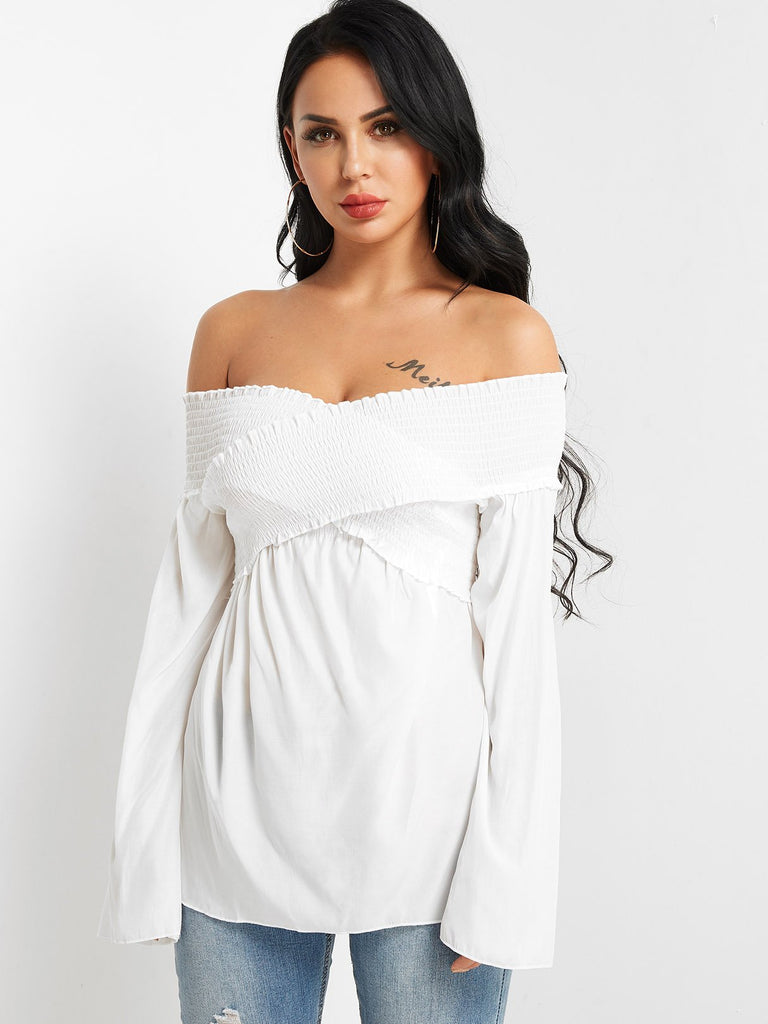 Off The Shoulder Plain Crossed Front Pleated Long Sleeve White Top