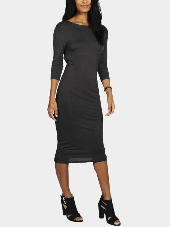 Black Round Neck Long Sleeve Backless Bodycon Sexy Dress