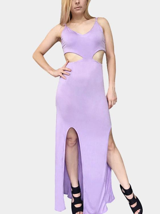 Purple V-Neck Sleeveless Cut Out Spaghetti Strap Maxi Dress