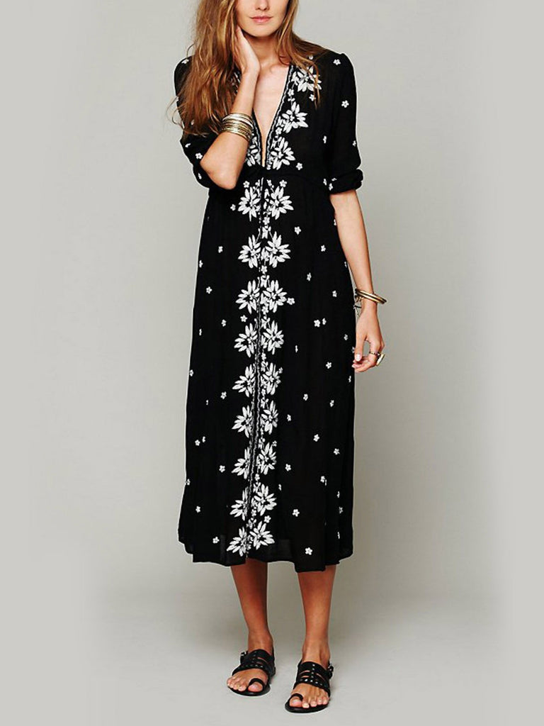 V-Neck 3/4 Length Sleeve Floral Print Embroidered Maxi Dresses