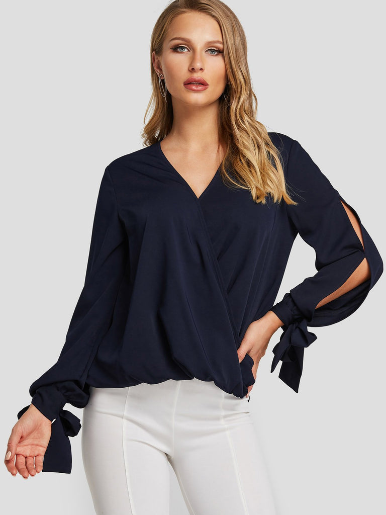 V-Neck Crossed Front Cut Out Long Sleeve Navy Blouses