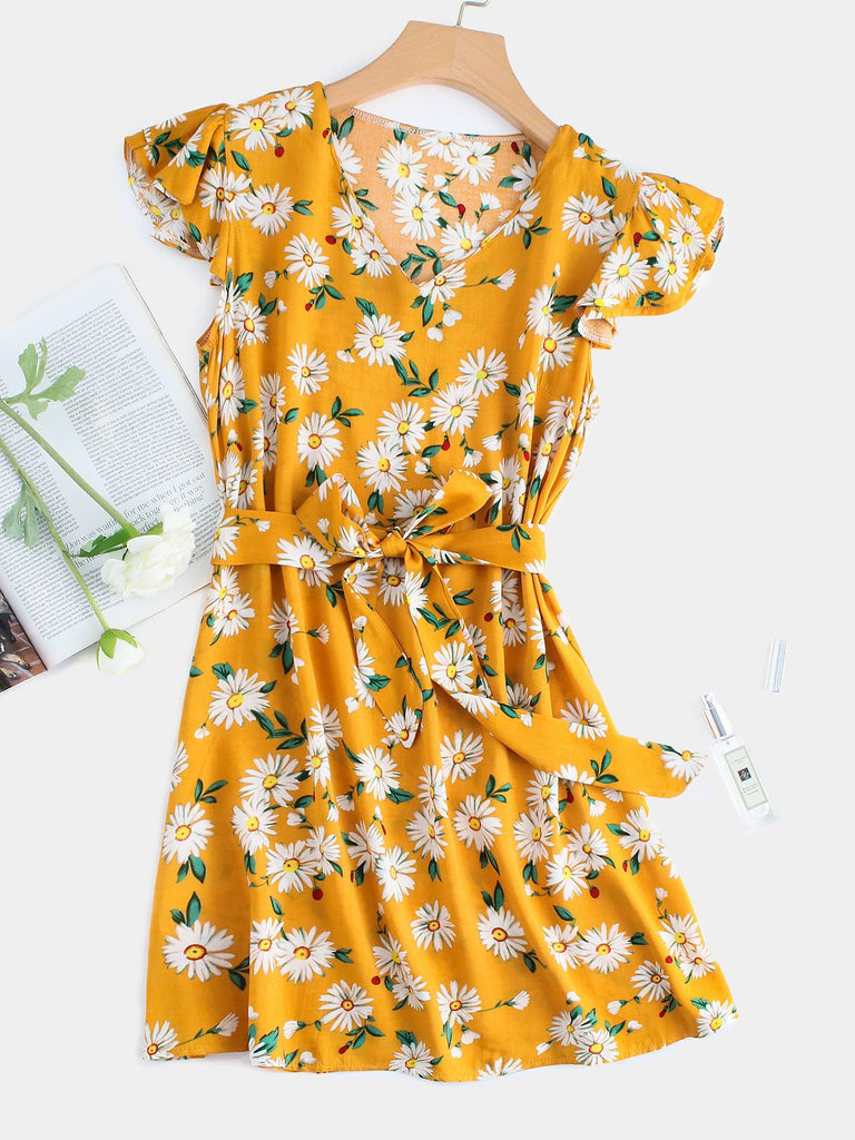 Yellow V-Neck Short Sleeve Floral Print Self-Tie Dresses