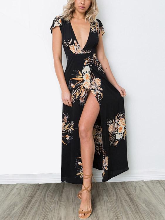 Black Deep V Neck Short Sleeve Floral Print Slit Hem Maxi Dresses