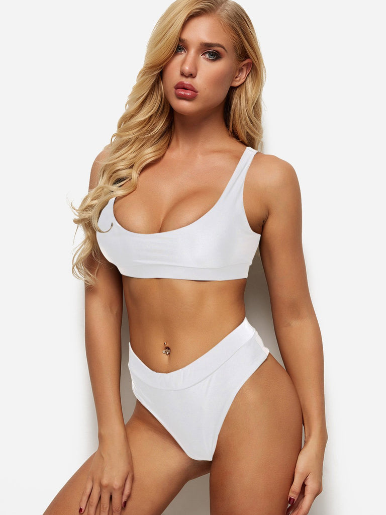 White Square Neck Sleeveless Bikini Sets
