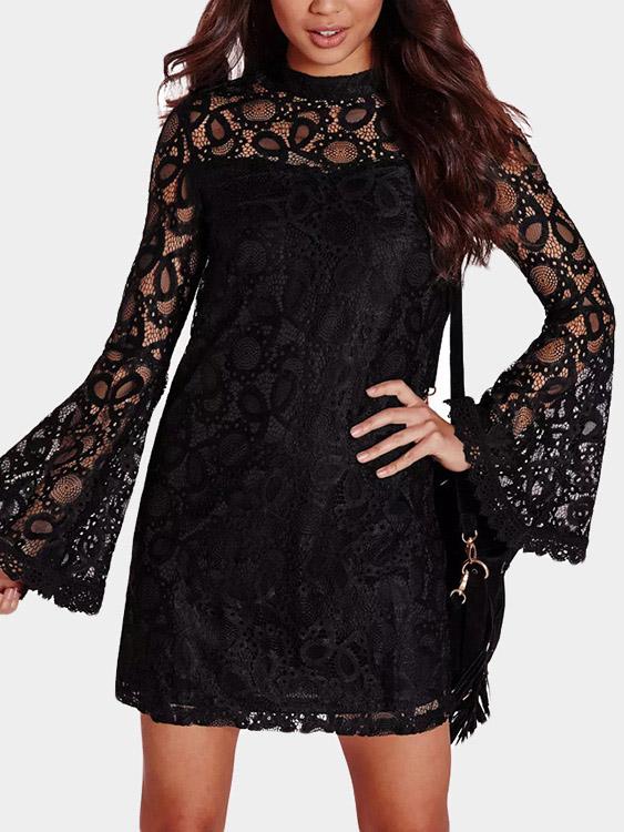 Black Crew Neck Long Sleeve Lace Hollow See Through Sexy Dress