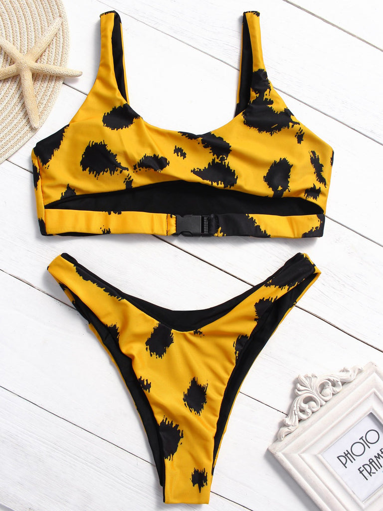 Yellow Scoop Neck Sleeveless Leopard Cut Out High Waist 2 Piece Bikinis