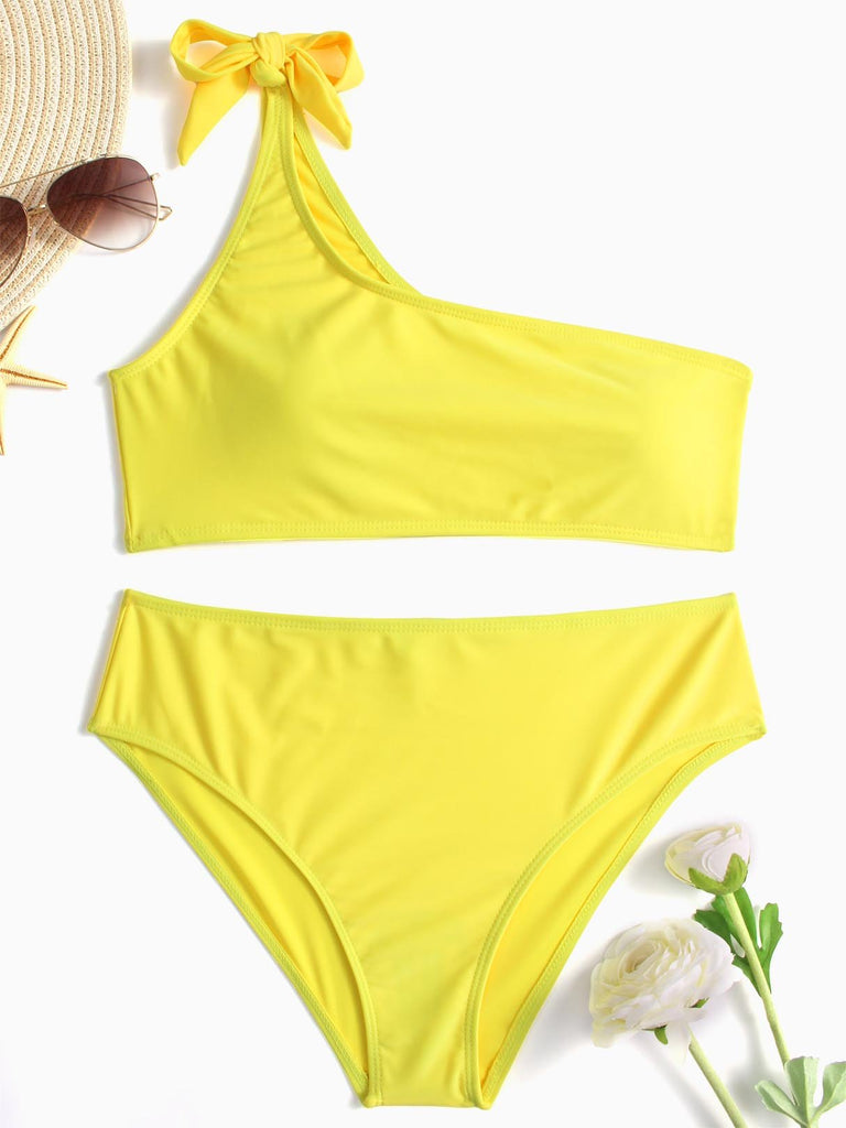 Yellow Asymmetrical Sleeveless Plain Tie-Up Two Piece Bikinis