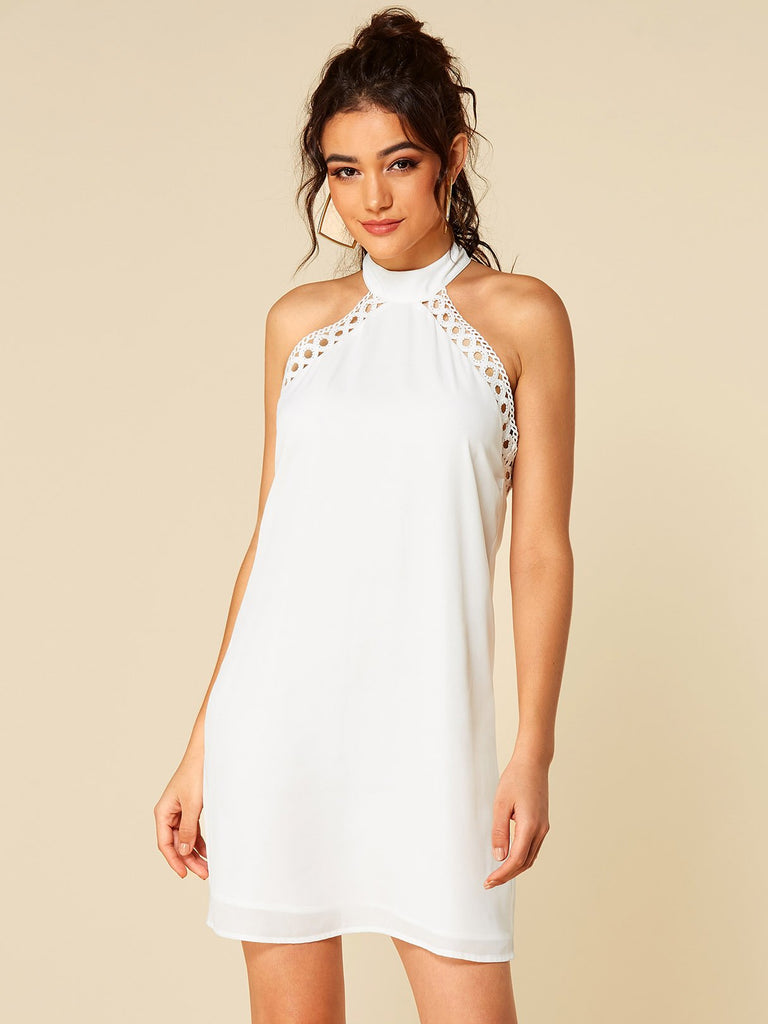 White Halter Sleeveless Backless Hollow Self-Tie Casual Dress