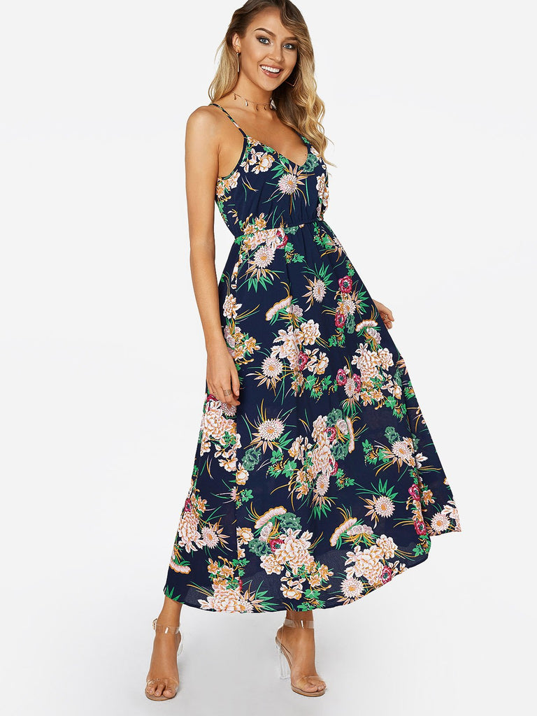 Navy V-Neck Sleeveless Floral Print Maxi Dress