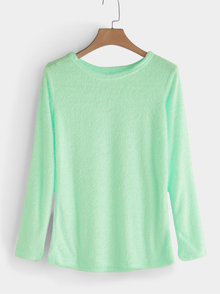 Casual Round Neck Long Sleeves Fuzzy T-Shirt