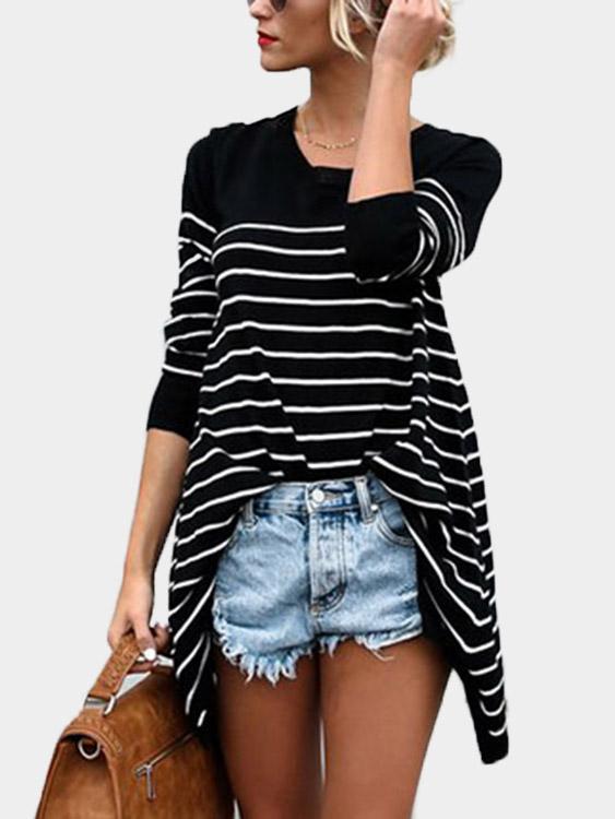 Stripe Long Sleeve Irregular Hem Black T-Shirts
