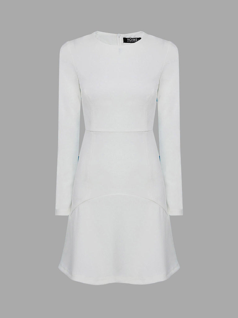 White Round Neck Long Sleeve Plain Fashion Mini Dress