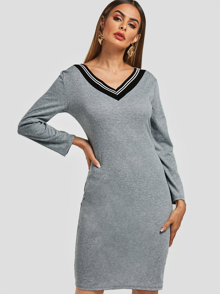 V-Neck Stripe Long Sleeve Bodycon Hem Grey Mini Dress