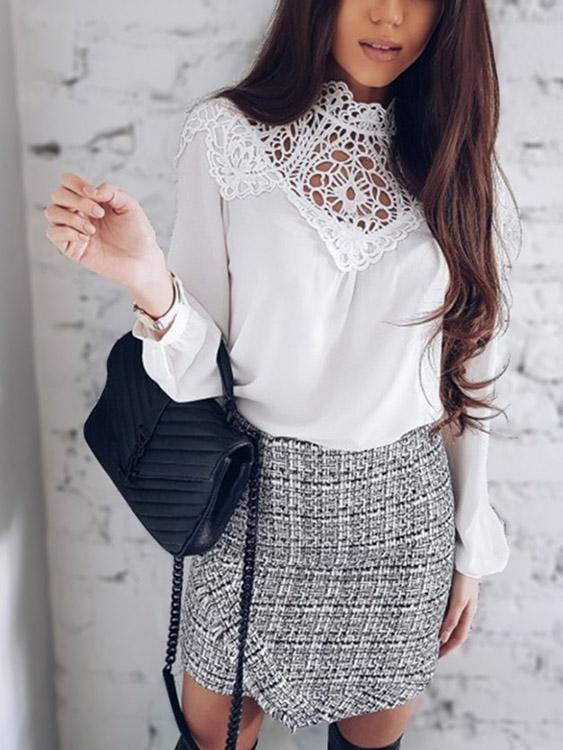 Crew Neck Round Neck Crochet Lace Embellished Hollow Long Sleeve White Blouses