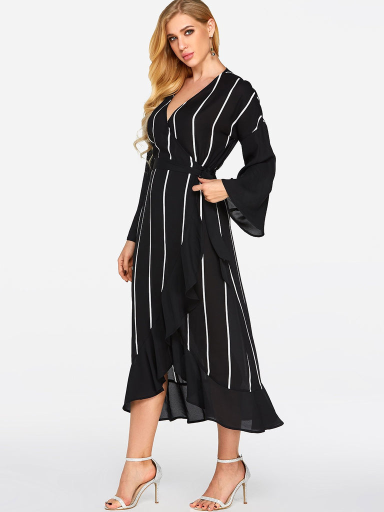 Black V-Neck Long Sleeve Stripe Self-Tie Wrap Slit Flounced Hem Maxi Dresses