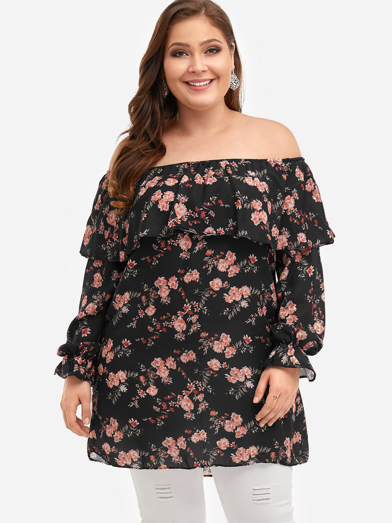 Off The Shoulder Floral Print Calico Tiered Ruffle Trim Long Sleeve Black Plus Size Tops