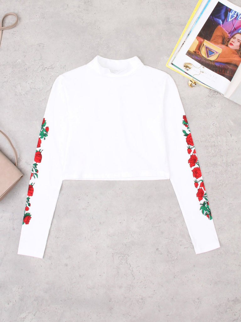Round Neck Floral Print Long Sleeve White Fashion Top