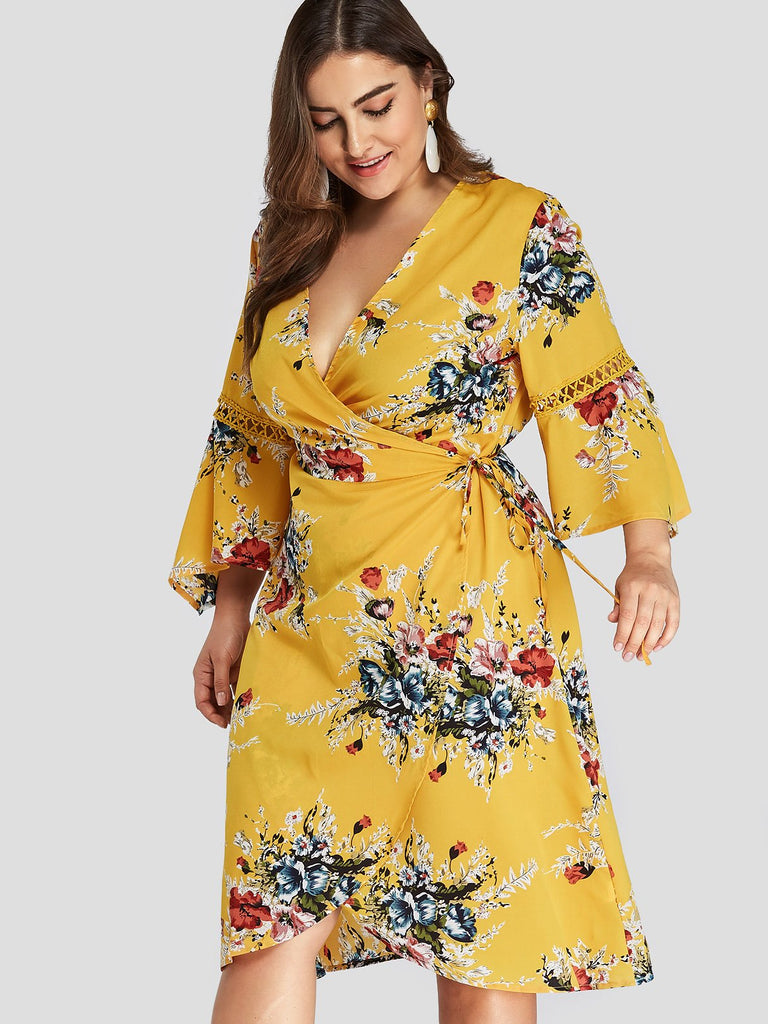 Womens Floral Print Plus Size Midi Dress