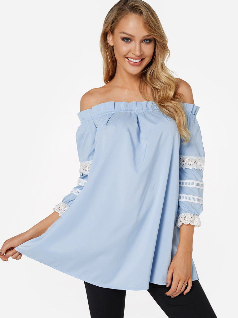 Off The Shoulder Lace 3/4 Sleeve Blue Top