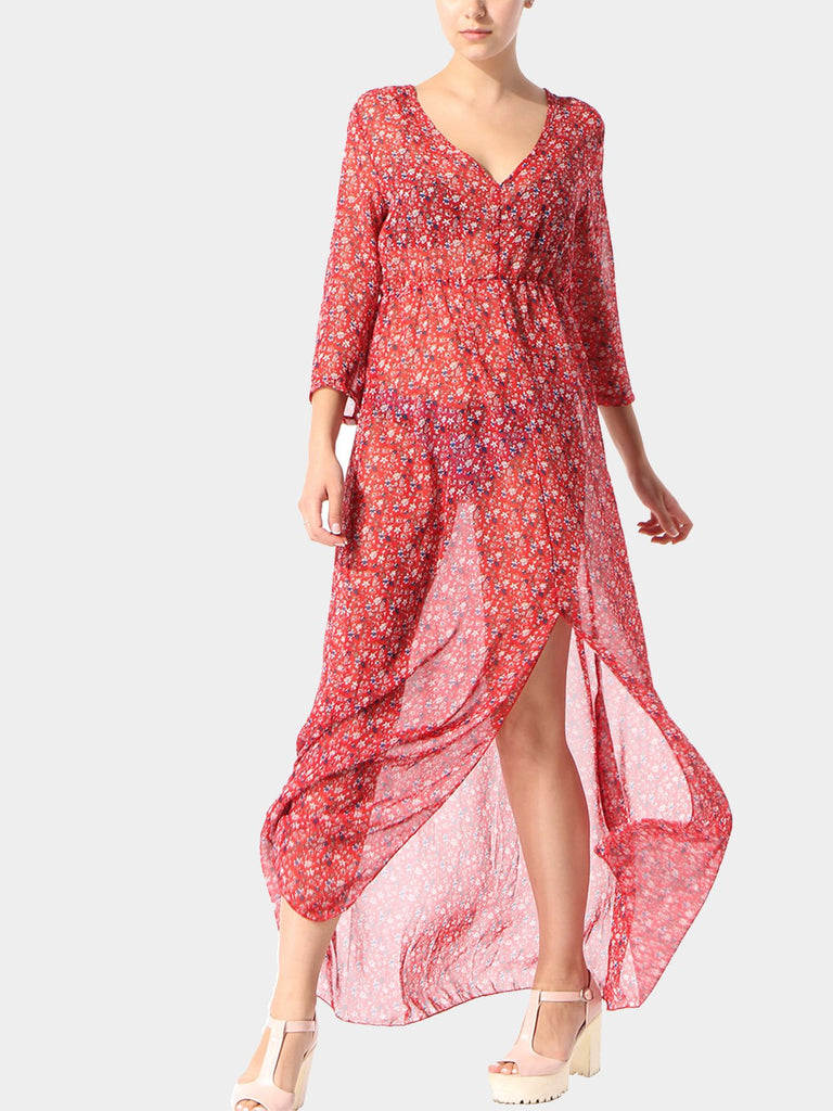 Red V-Neck 3/4 Sleeve Length Floral Print Slit Hem Maxi Dress