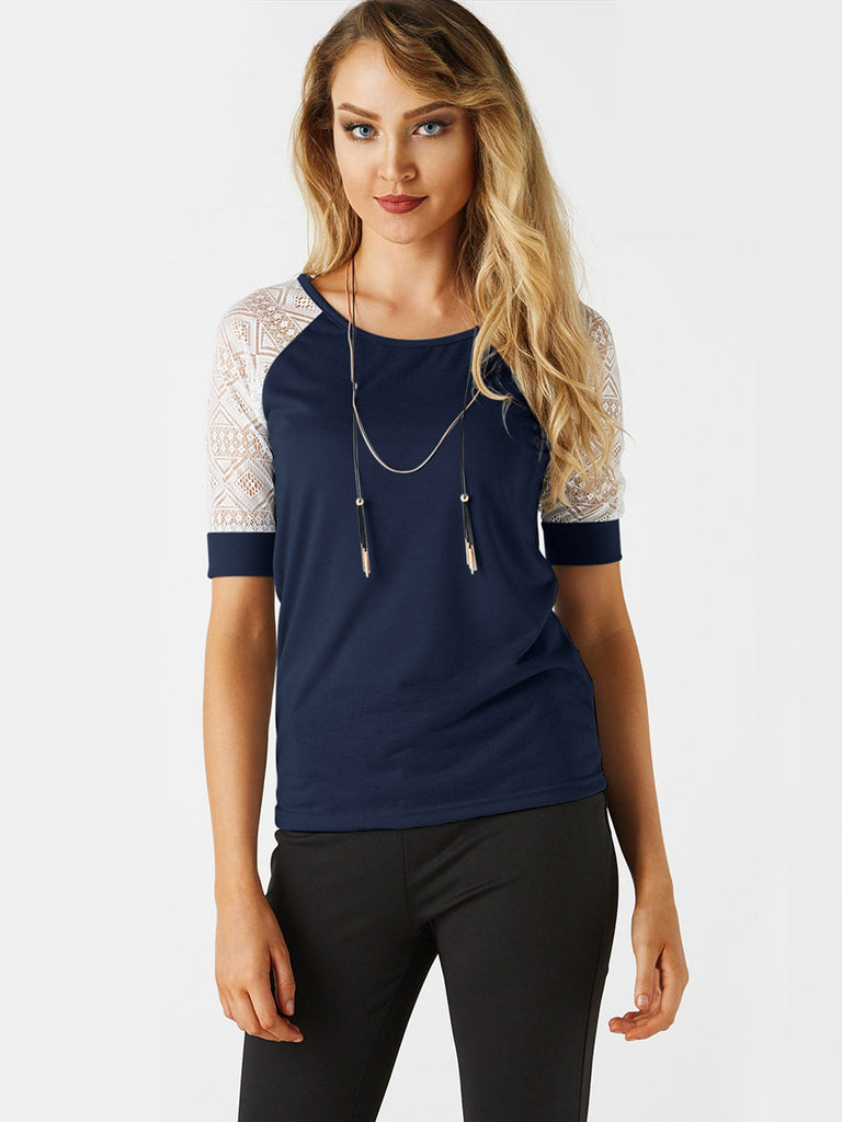 Round Neck Lace Hollow Short Sleeve Navy T-Shirts