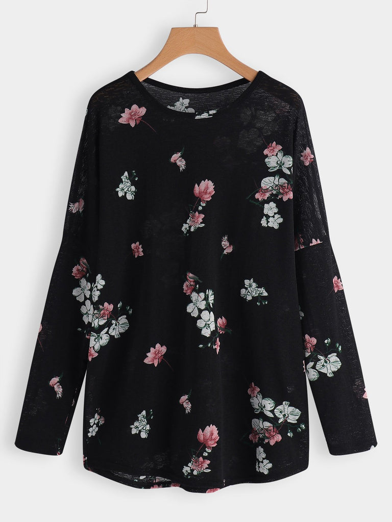 Long Sleeve Round Neck Floral Print Calico Black Plus Size Tops