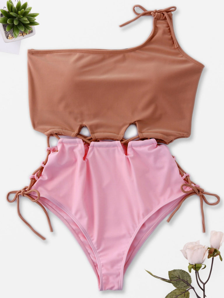 Apricot Sleeveless Lace-Up One-Pieces Swimwears