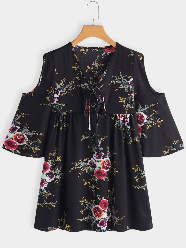 Black V-Neck Cold Shoulder 3/4 Length Sleeve Floral Print Cut Out Self-Tie Dresses