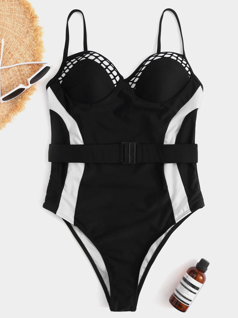 Black Sleeveless Stripe Belt High-Waisted One-Pieces Swimwears